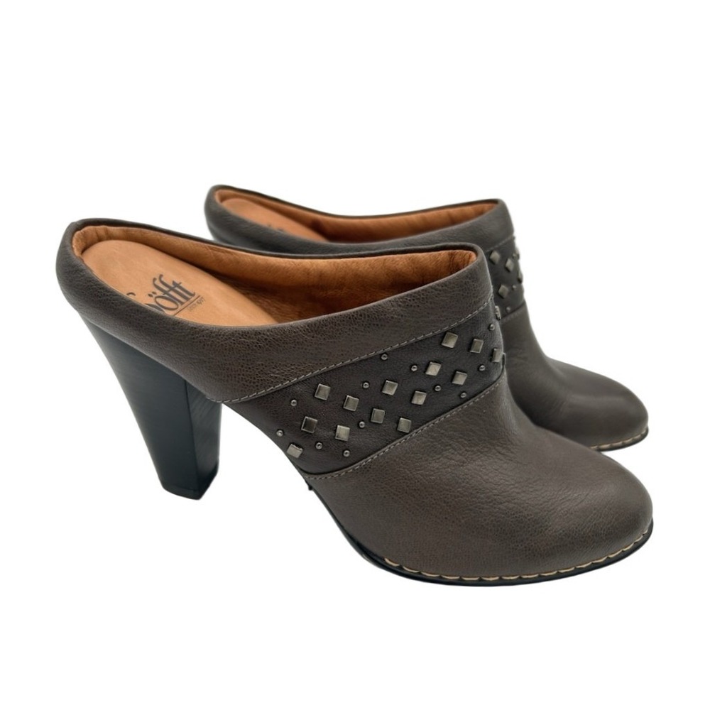 Sofft Heeled Mules Women's Size 10 M Brown Leather Studded Stacked Heel Clogs